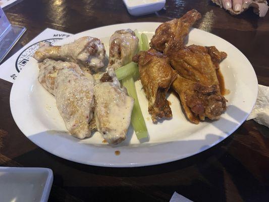 Garlic Parm wings and MVP Reserve (cayenne and garlic). Get both!
