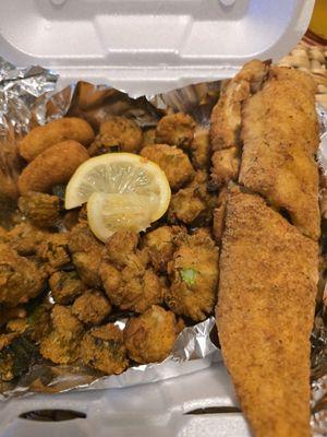 Fried okra and broccoli with hushpuppies and Whiting.