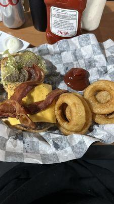 Bacon cheeseburger and onion rings