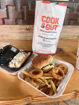 Big Double Burger with everything; fries and onion-rings. Cook out style hot dog for dessert.