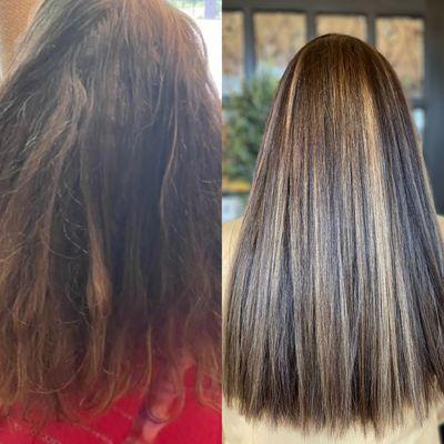 Before and After of a Keratin Smoothing Treatment and light caramel highlights with a rich brown root touch up for grey coverage.