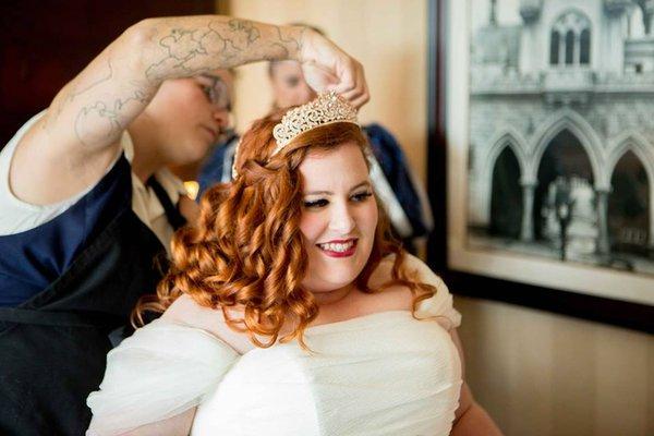 Working on hair and makeup for a wedding at Disneyland Hotel