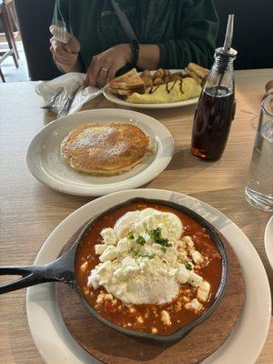 shakshuka, homemade pancake, and omelette.