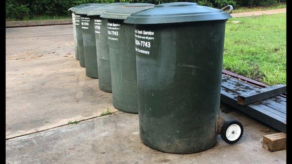 We have 80 gallon containers available that are wind resistant, wheeled and have automatic closing lids to keep the stray dogs out.