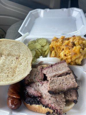 Brisket sandwich, link of sausage and amazing loaded Mac and cheese!!!!!