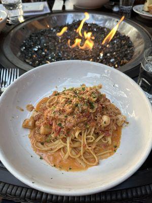 Bay scallop and crab linguine