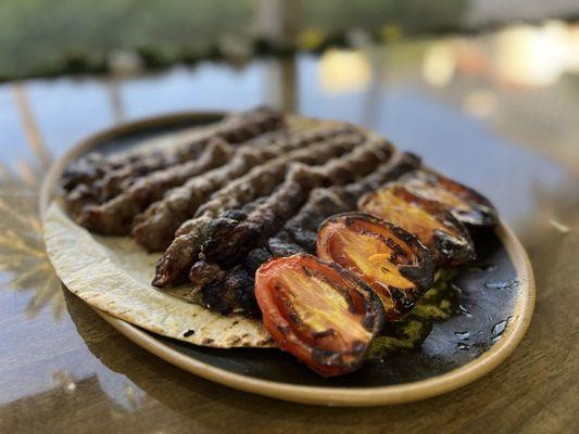 Lamb and beef kabobs with roasted tomatoes