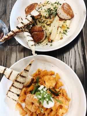 Bottom: Spicy Shrimp Diablo  Top: Steamed Mussel Pappardelle + Scallops