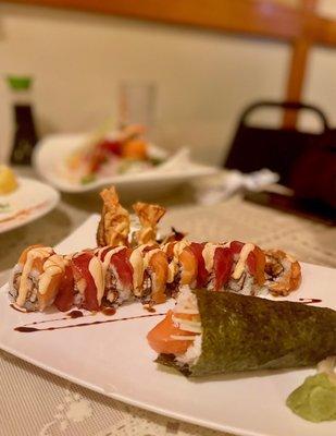 Charlie Roll and Salmon Cucumber Hand Roll