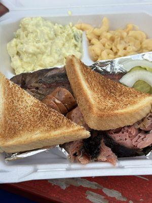 3 meat plate w/ sliced brisket, pulled pork & cheddar jalapeño sausage