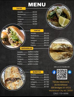 Menu (they charged us $19+ for an asada burrito and $17.50 for pastor quesadilla.