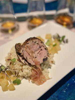 2nd course ... Caribbean Jerk spiced pork, toasted coconut rice, pineapple compote
