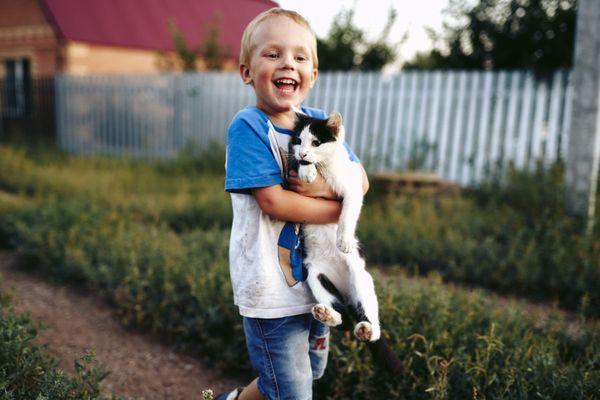 Autistic boy holding cat for feel more comfortable