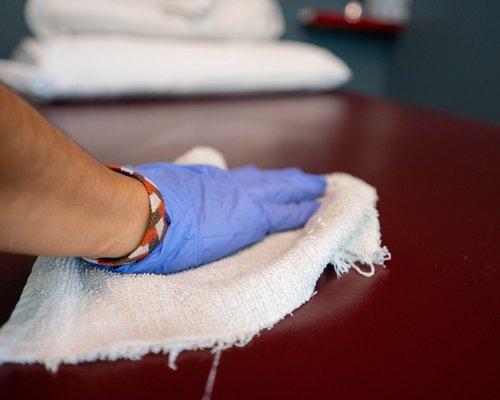 All surfaces and equipment are cleaned immediately upon use and on the hour.