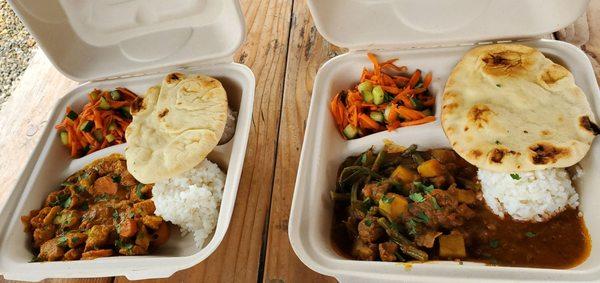 Chicken tikka masala (left) and lamb curry (right) with naan