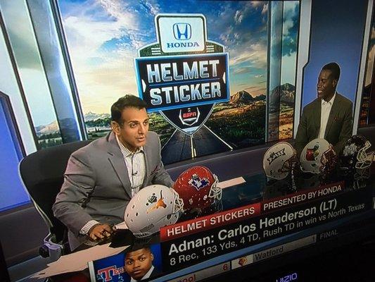 11/6/16. Sunday afternoon. Carlos Henderson getting helmet sticker love from ESPN for his stellar performance versus North Texas Mean Green!