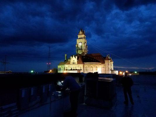 Early morning start on a rooftop swap... looking at our courthouse