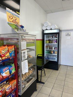 Breads chips and another drink fridge