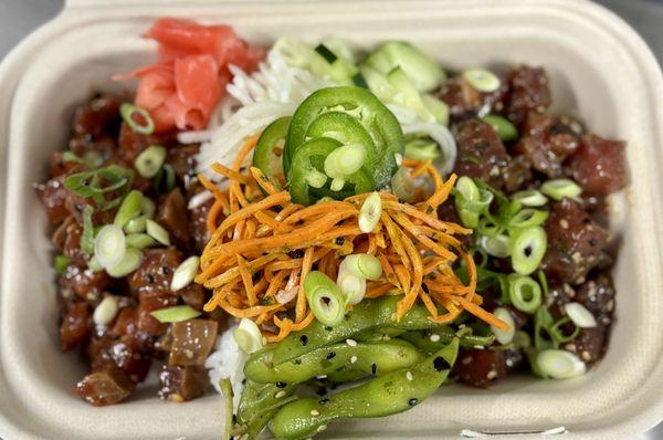 Half and half poke bowl with the "works"