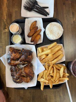 Yuca Root Fries, Garlic White Rice, fries, Whole Chicken + 3 Sides