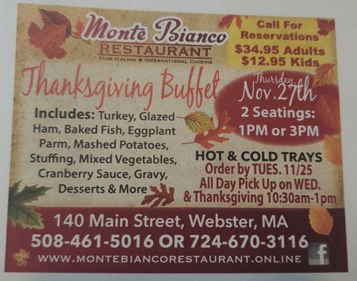 Call to make your order or reservations for thanksgiving day