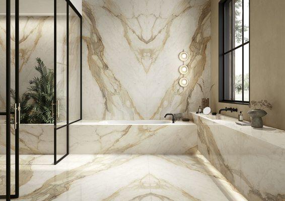 Infinity Surfaces Porcelain-Calacatta Magnifico New Vein Thru Tech 2cm 127"x 63" also available in 6mm and 12mm