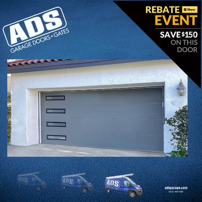 Clopay Modern Steel in Lustra Gray with black slim windows--sleek, modern style. Ask ADS about the Clopay Fall Rebate today!