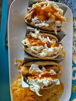 Shrimp Naan tacos. Potato chips not corn chips.