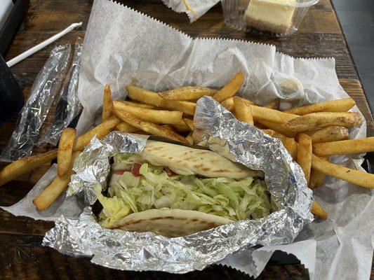 Falafel gyro and fries