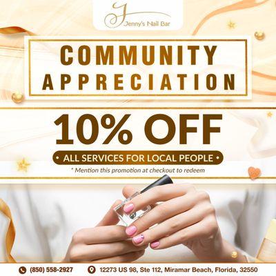 A SPECIAL THANK YOU TO OUR COMMUNITY
We love our local community and want to show our thanks!
Enjoy 10% OFF all services