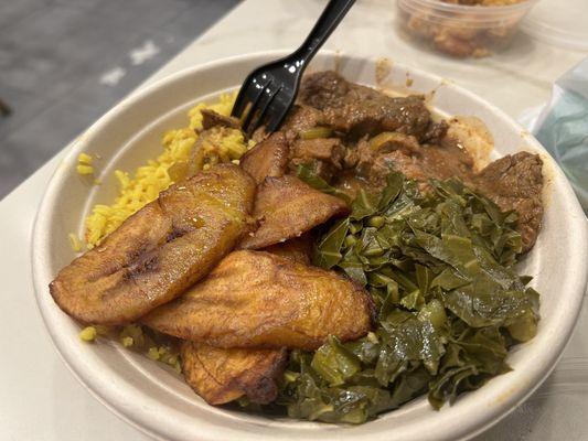 Beef Combo with yellow rice, greens, and Fried Plantains.