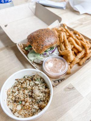 Burger, Fries, and Cilantro Lime Cauliflower Rice.