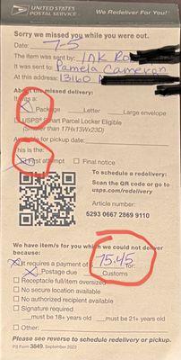 Second COD delivery notice for a similar 30 pound package with significantly higher charges attached.