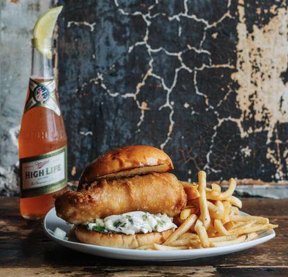 Fish sando: Shamm's beer battered crispy cod, habanero tomatillo slaw, brioche bun.