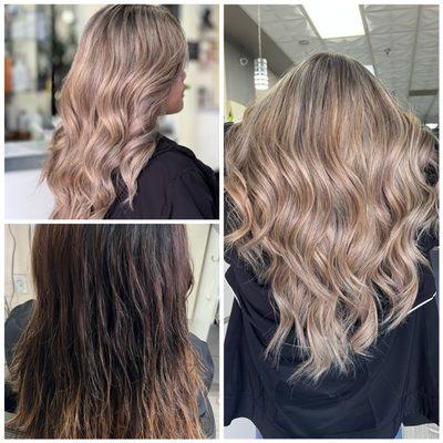 Balayage highlights color. Before and after.