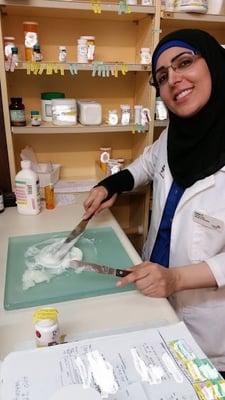 We often have pharmacy students from nearby Pacific University visit us on 6-week rotations. This bright student is compounding cream.
