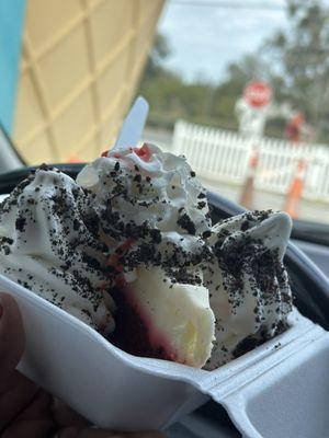 Red velvet cheesecake and ice cream