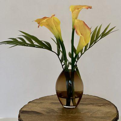 Handcrafted silk Calla Lilies in golden moon vase.