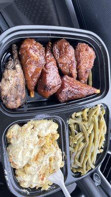 Drummies, green beans, mac cheese. I asked to swap out 1 maple for 1 jerk. 6 pieces of meat /protein for the price!? Wow.