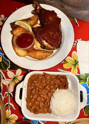 Jerk Chicken; and Red beans & rice (vegan)