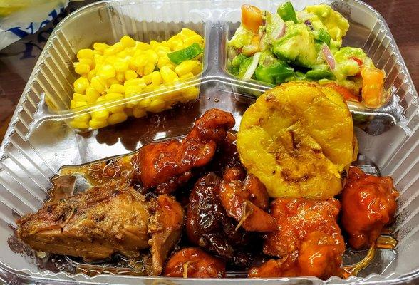 corn, avocado salad, bbq, Bourbon, spicy, and orange chicken, and fried plantain - all good