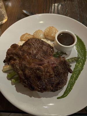 Ribeye with mashed potatoes- add asparagus and scallops.