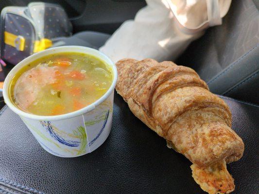 Ham and cheese croissant and lemon chicken rice soup