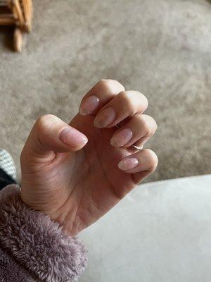 Fill with clear polish, asked for longer but after shaping them they ended up as short as my real nails under the acrylic.