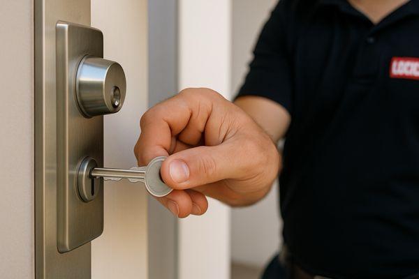 Locksmith changing lock.