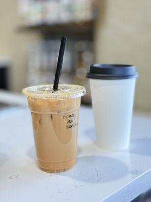 Honey Lavender Vanilla Latte iced and Honey Vanilla Hazelnut Latte Hot