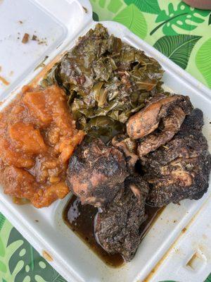 Jerk chicken sweet potatoes Collard Greens
