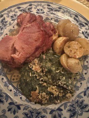 The main entrée was devine, ham spinach and potatoes.