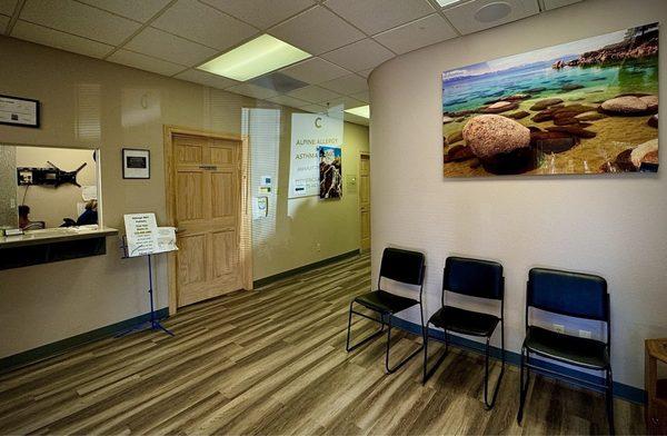 Nice Lake Tahoe & Sierra Nevada landscape pictures on the walls of the clean and large waiting room check in area.