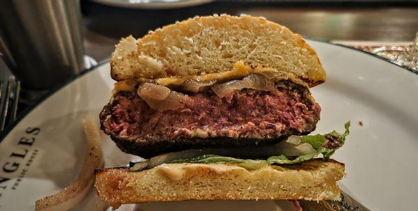 The best burger in San Francisco, cooked medium-rare.